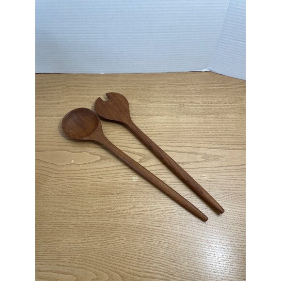 Vtg Wooden Salad Bowl & Serving Utensils Set Side Dishes Sturdy Well Made 11" - Picture 4 of 7
